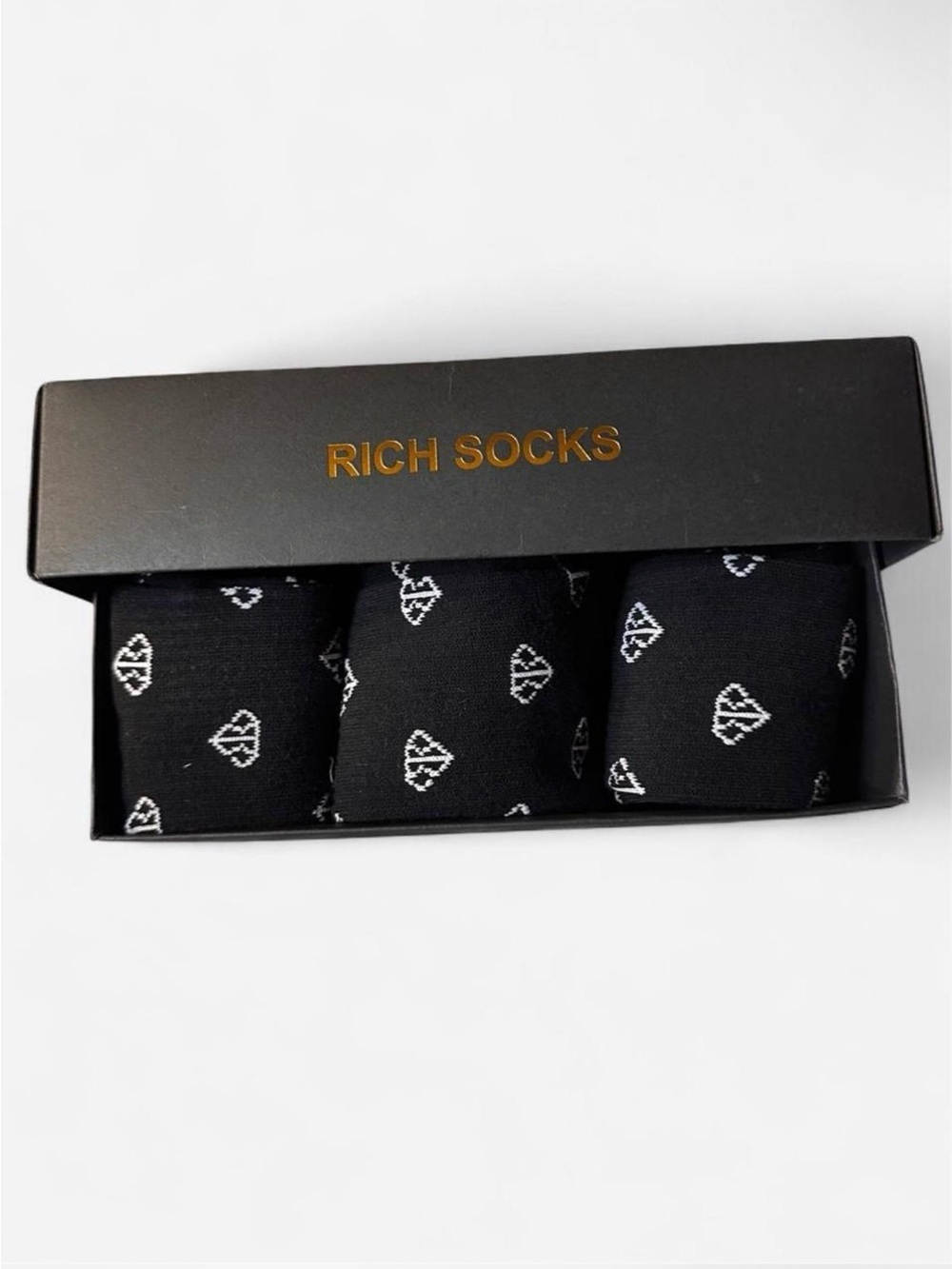 Rich & Rotten Crew “Rich Socks” Style 3. Black with white diamond logo. 3 pairs.
